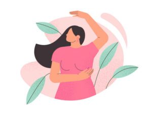 Isolated flat vector illustration of woman self-checking for breast cancer